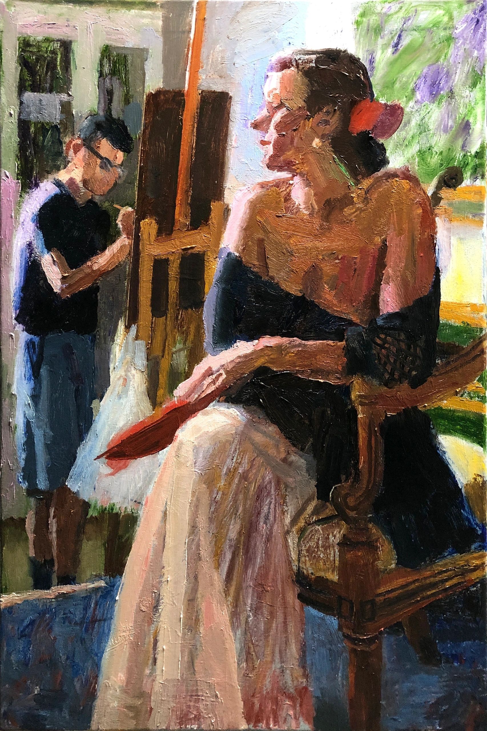 Artist and Model with Fan, oil on canvas, 36 by 24 inches