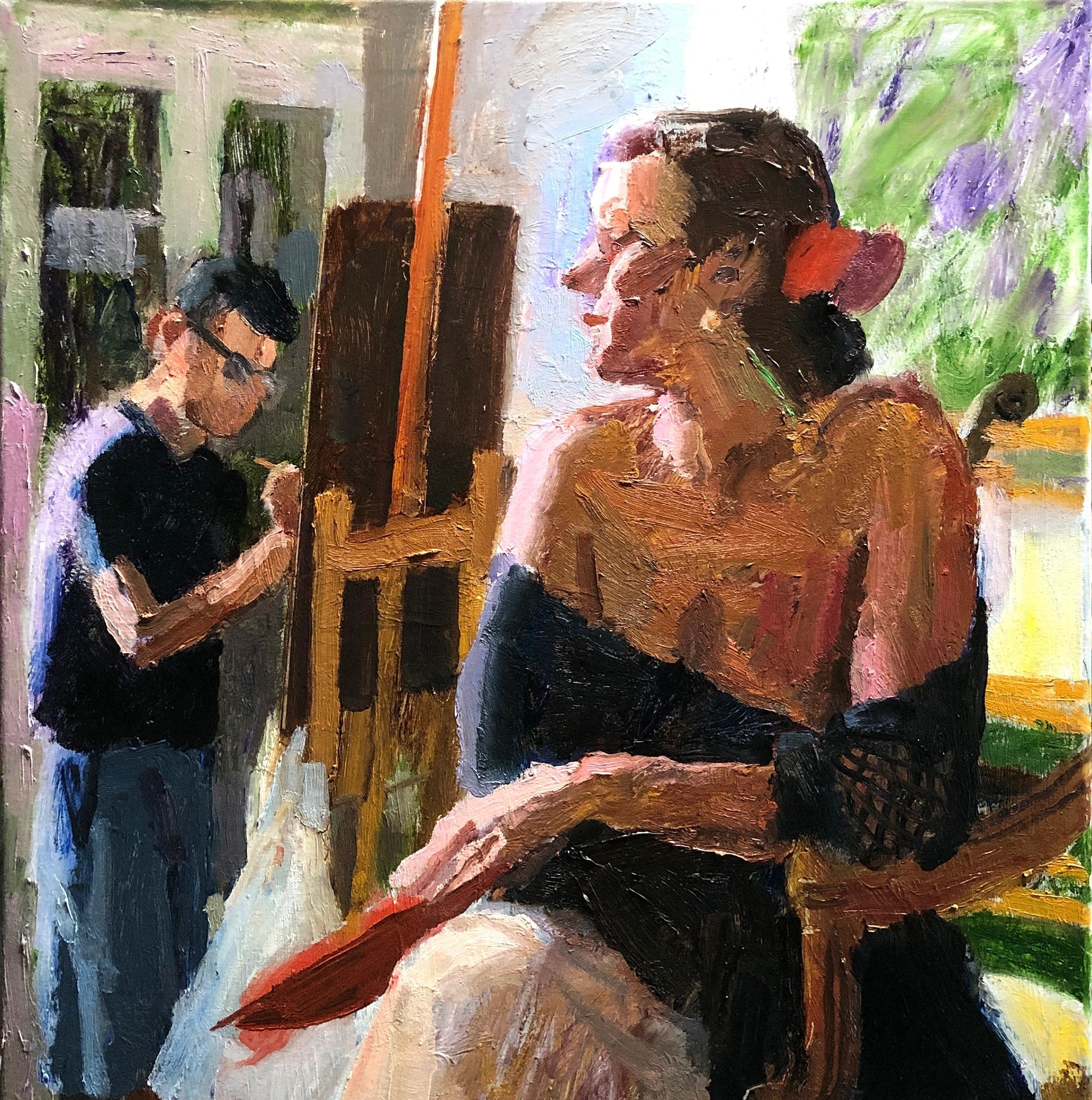 Artist and Model with Fan, oil on canvas, 36 by 24 inches
