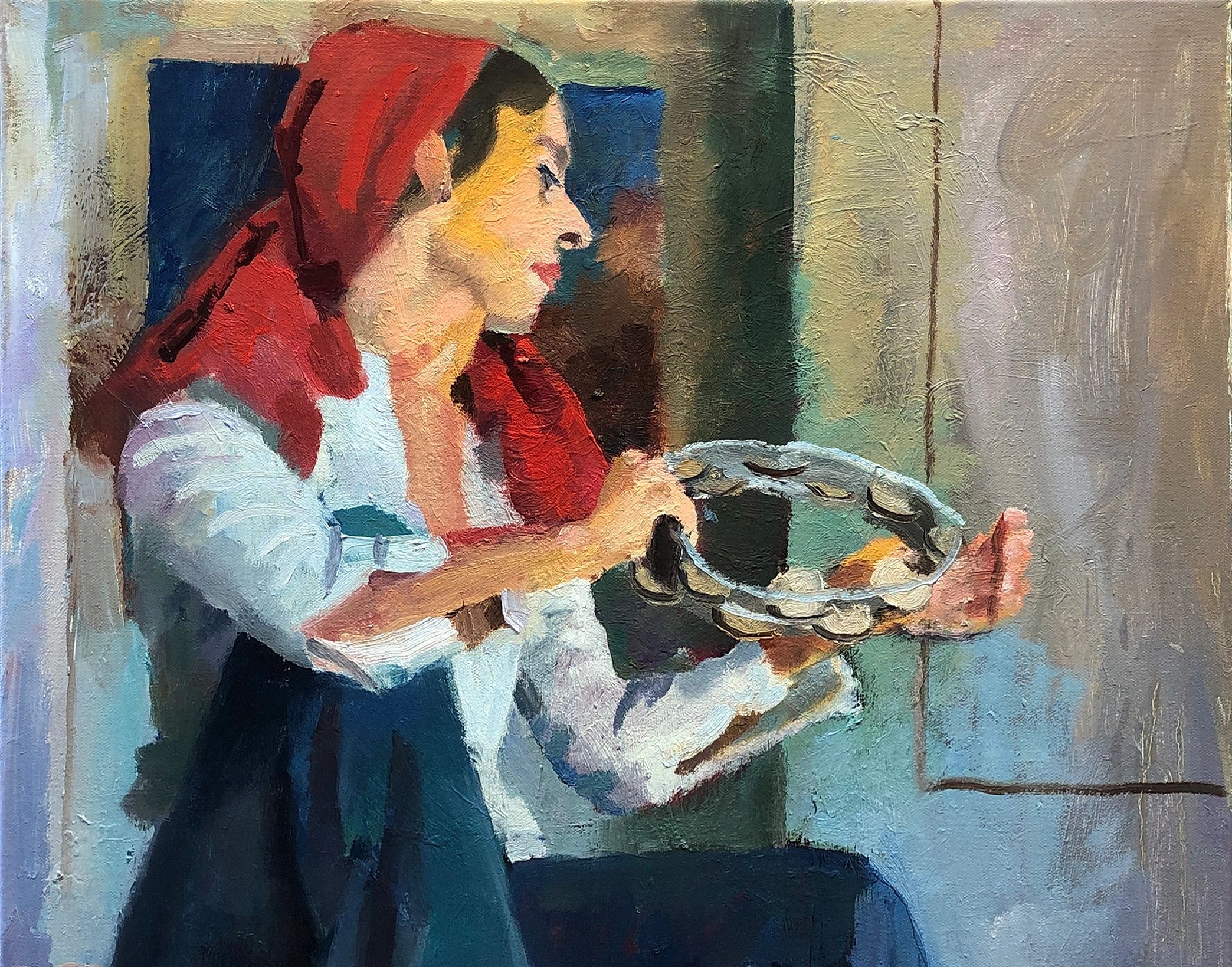 Maria with Tambourine, oil on canvas, 28 by 22 inches