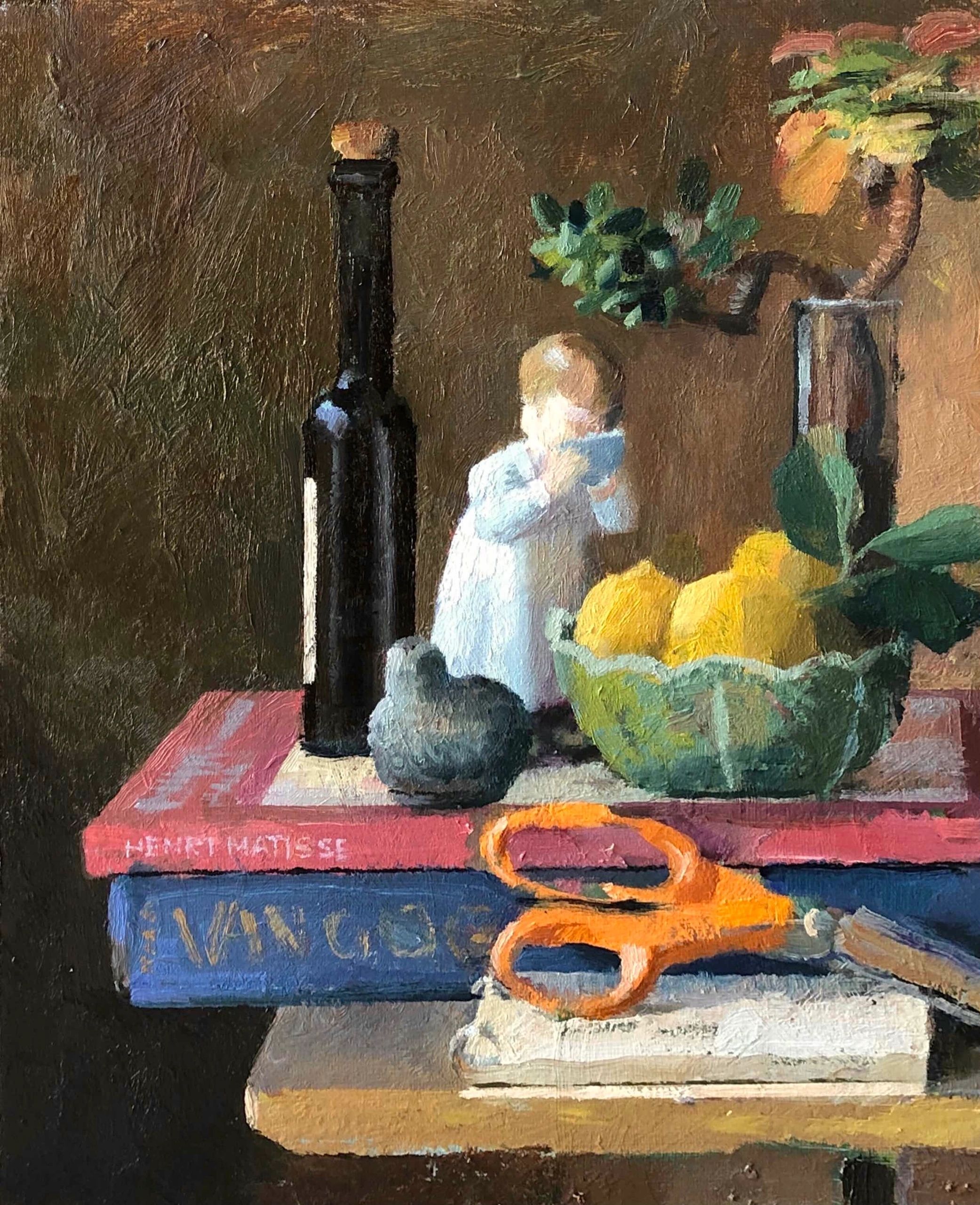 Still Life with Ukulele, oil on canvas panel, 12 by 16 inches
